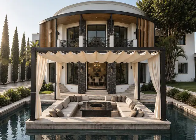 Villa YB, Rabat — façade incurvée et bassin miroir